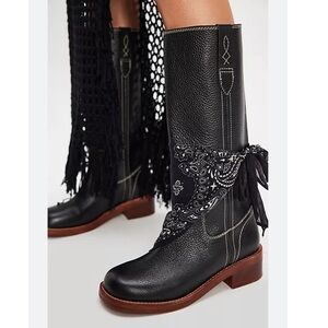 Free People Black Leather Mid-Calf Western Boots with Brown Sole